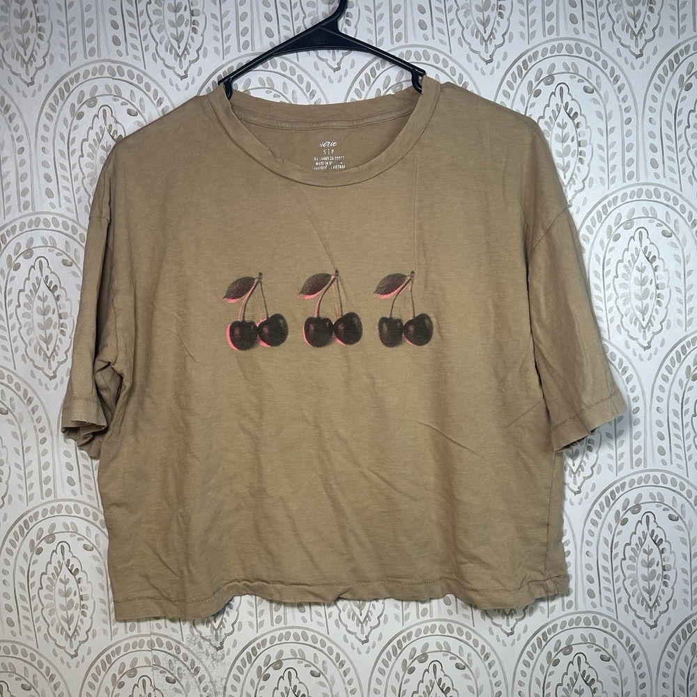 Aerie Women's Small Distressed Cherry Oversized Crop Top Tan‎ 100% Cotton